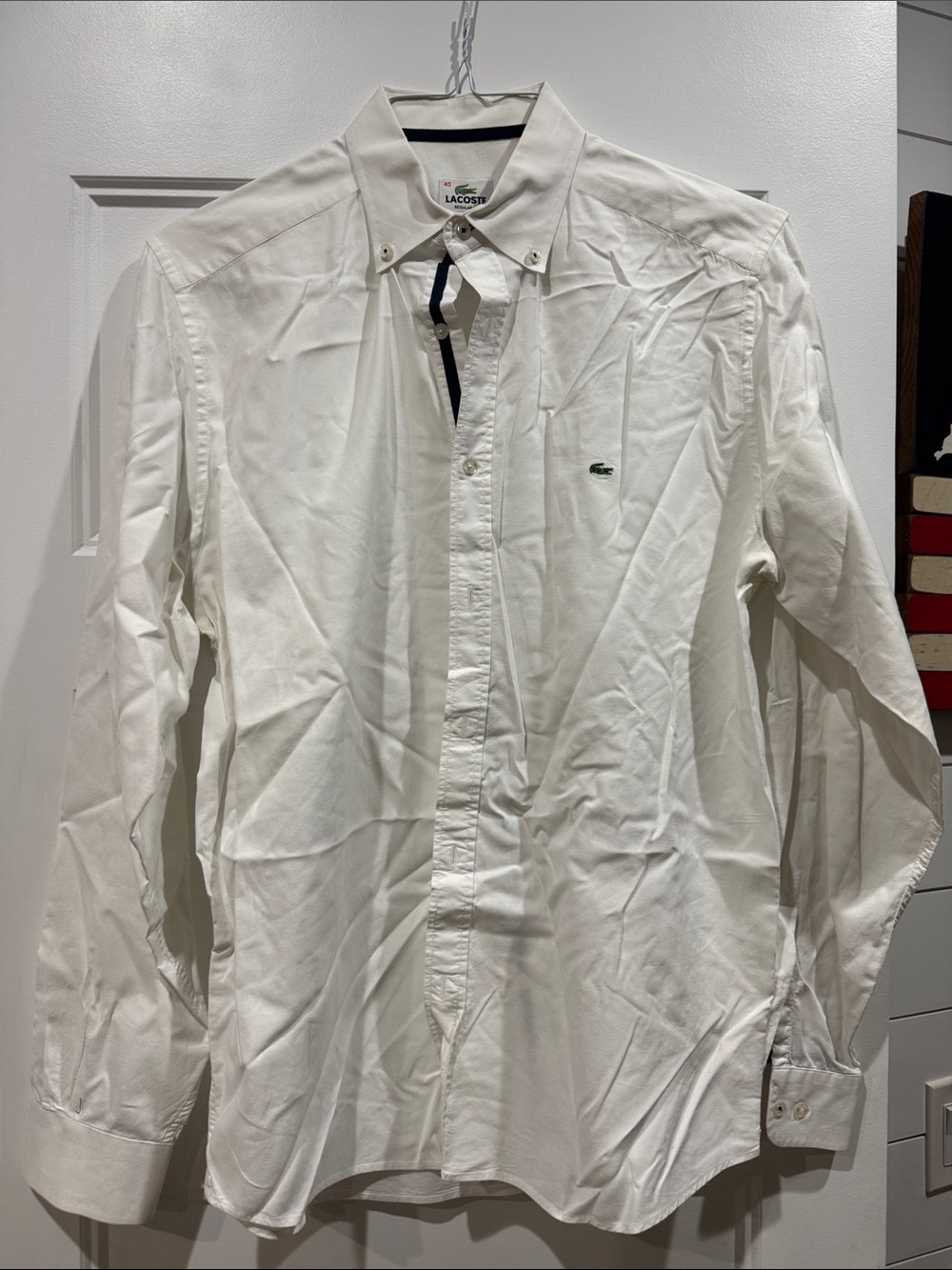 Lacoste Men's White Button-Down Dress Shirt with Green Croc Logo